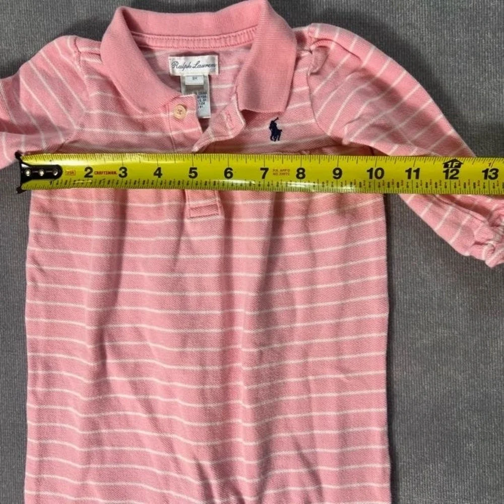 Ralph Lauren Baby Girls Polo Romper 9M Pink White Striped Long Sleeve One Piece